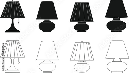 Set of Black Silhouette and Outline Table Lamp Icons on White Background lighting