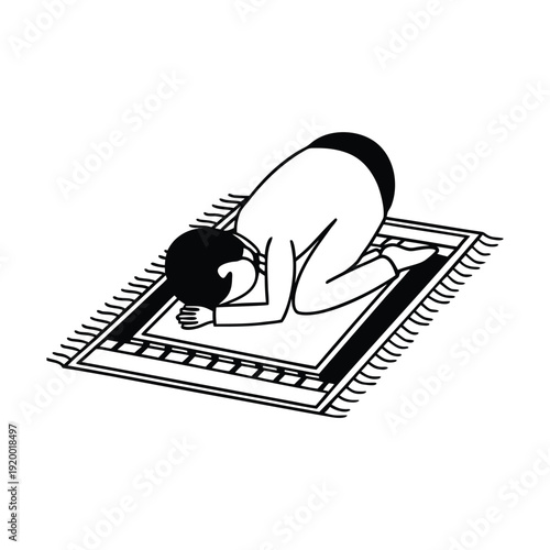 Worshipper performing sujood in Islamic prayer position, simple black line art representing devotion and humility