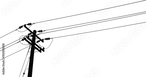 Silhouette of a wooden utility pole with power lines against a white sky Keywords: utility pole, power lines, electricity