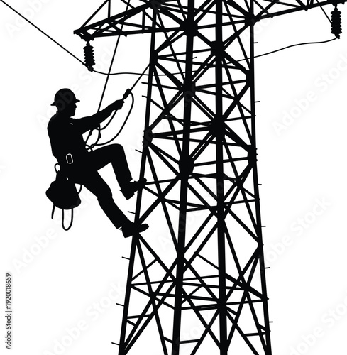 Silhouette of a Worker Climbing a High Voltage Power Tower with Tools Keywords: silhouette, worker, climber, high voltage, power