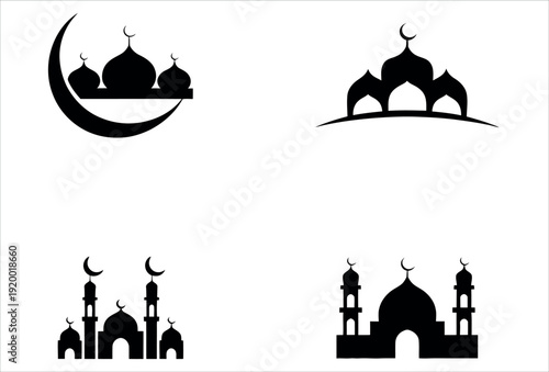 Islamic Mosque Silhouette and Dome with Crescent Moon Icons Set for Ramadan and Eid Celebration Vector Illustration