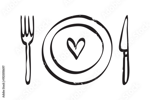 Mindful eating doodle design, Simple monochrome drawing promoting health and mindful nutrition, Minimalist illustration emphasizing mindful eating and wellbeing for social media and packaging