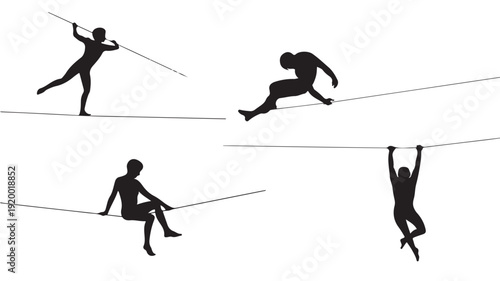 Vector Illustration Of Silhouette People Performing Various Actions On High Wire For Balance And Risk Concept