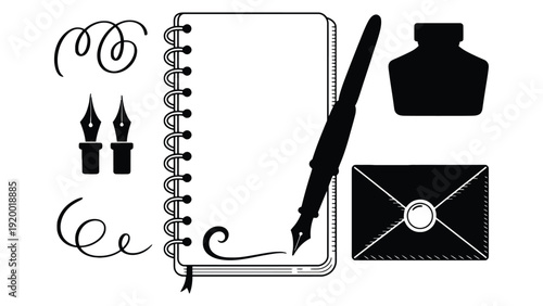 A black and white illustration of a notebook with a fountain pen