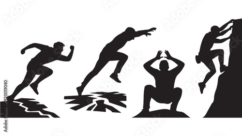 Four Silhouette People Running Jumping And Climbing For Business Concept And Teamwork Vector Illustration