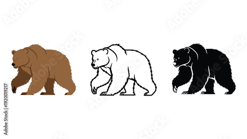 Three bears in different colors walking side by side in profile