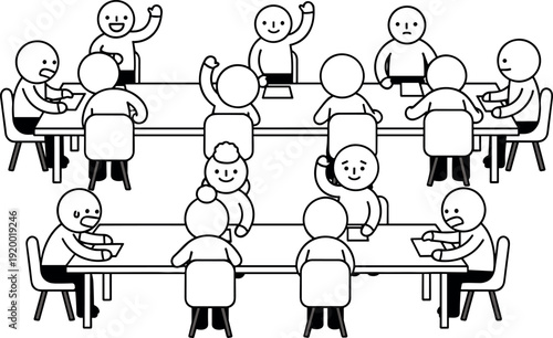 Business meeting and teamwork discussion illustration showing people sitting around tables collaborating in office environment line vector style