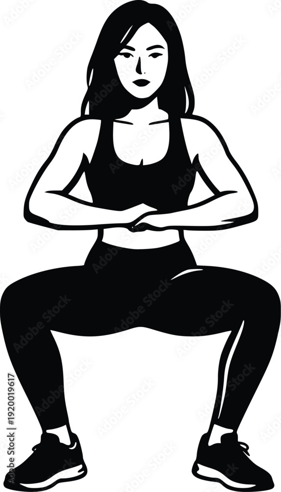 Obraz premium Vector Illustration of a Fit Woman Performing a Squat Exercise, Dynamic Fitness Pose for Health and Wellness Content, Isolated on White Background, Graphic Art for Workout and L...