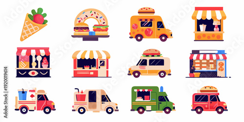 Colorful assortment of various food trucks and tasty treats illustrated