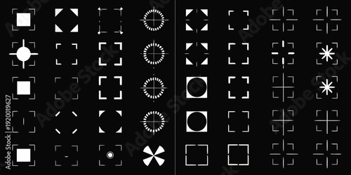 Collection of white geometric shapes and targeting reticles on black