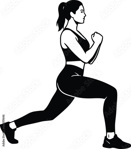 Dynamic Vector Illustration of a Woman Performing a Lunge Exercise, Fitness Silhouette, Healthy Lifestyle Graphic for Sports, Wellness, and Workout Content