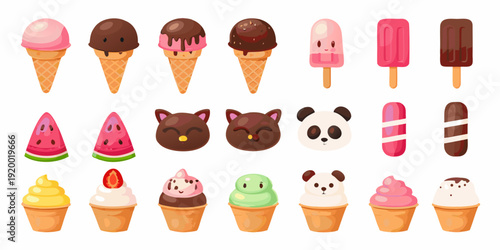 Colorful assortment of cute ice cream popsicles and fruit shaped treats