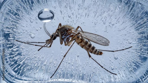 Closeup of mosquito resting on wet surface with droplets of water  