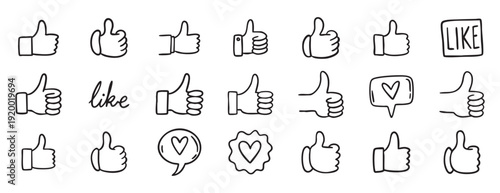 Thumbs up like doodle hand drawn icon set. Social media approval button. Hand gesture vector illustration for web design