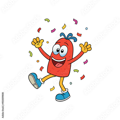 Funny red character celebrating national tell a joke day with confetti