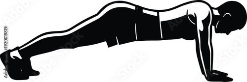 Silhouette of a person doing a push-up exercise, black and white vector illustration. Dynamic pose for fitness, workout, health, and sports concepts. Isolated on white backgroun...