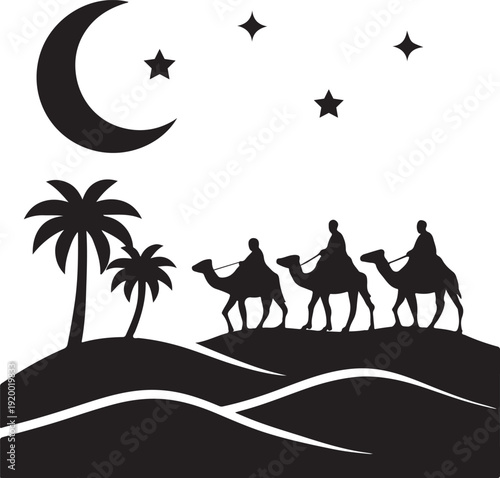 Camel Caravan Silhouette in Desert Night with Crescent Moon and Stars Islamic Landscape Background Minimalist Middle East Travel Symbol