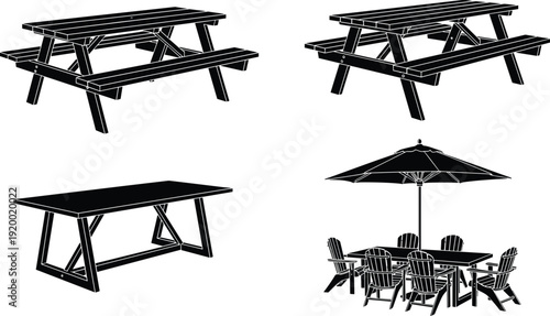 Set of black wooden picnic table silhouettes and patio furniture with umbrella for outdoor garden park cad drawing flat vector illustration