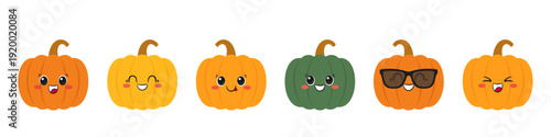 Pumpkin set cartoon character, cute and fun vegetables, bright symbol of autumn and Halloween, happy smiling face, emotions joy delight, kawaii style, vector illustration.