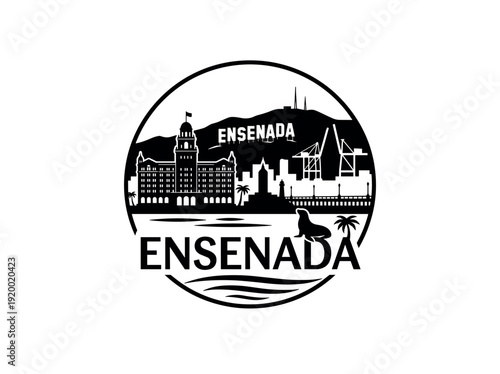 Ensenada city of Mexico skyline emblem with landmarks