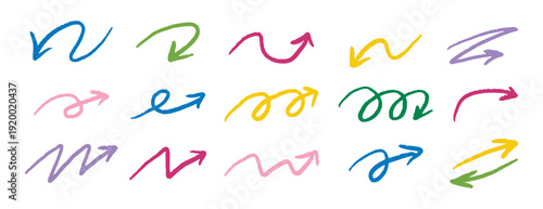 Hand drawn colorful arrows doodle set line art directional design