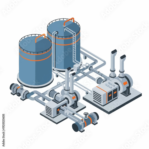 Industrial water treatment plant with tanks and pumps.