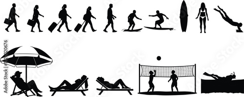 Set of black silhouettes showing people traveling surfing swimming and relaxing on the beach for summer vacation cad drawing flat vector illustration