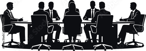 Business meeting silhouette illustration, corporate teamwork artwork, professional communication design tribute, leadership collaboration graphic, organizational strategy concept, office discussion fl