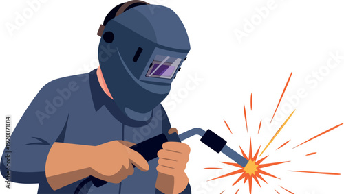 Professional Welder Working with Protective Helmet and Sparks Flying