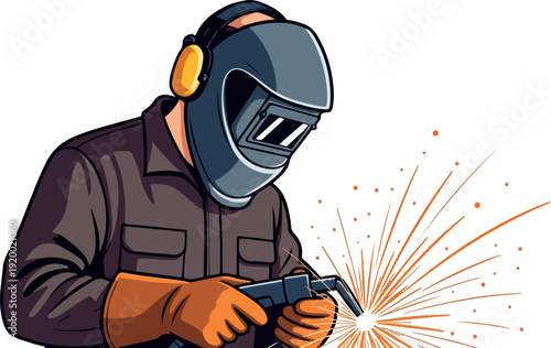 Professional Welder at Work with Sparks and Protective Gear