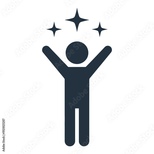 Stick figure with arms raised and stars above head in air icon