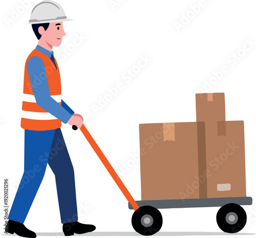 Warehouse Worker Pushing Cardboard Boxes on a Hand Truck