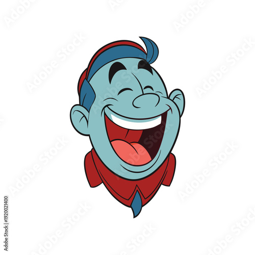 Happy blue cartoon head face with a big laugh for National Tell a Joke Day