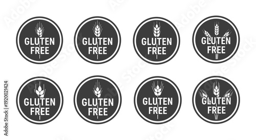 Eight minimalist gluten-free circular badges for product packaging and allergen-conscious graphic design.