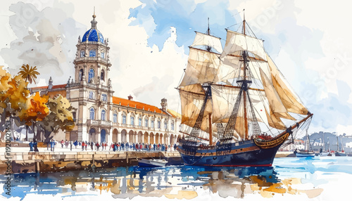 Historic harbor waterfront with tall sailing ship and cathedral watercolor illustration