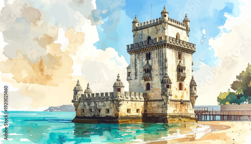 Belem Tower on turquoise waterfront in Lisbon watercolor travel illustration