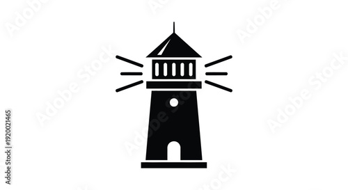 Minimalist black vector graphic illustration of a lighthouse emitting light, serving as a guiding beacon.