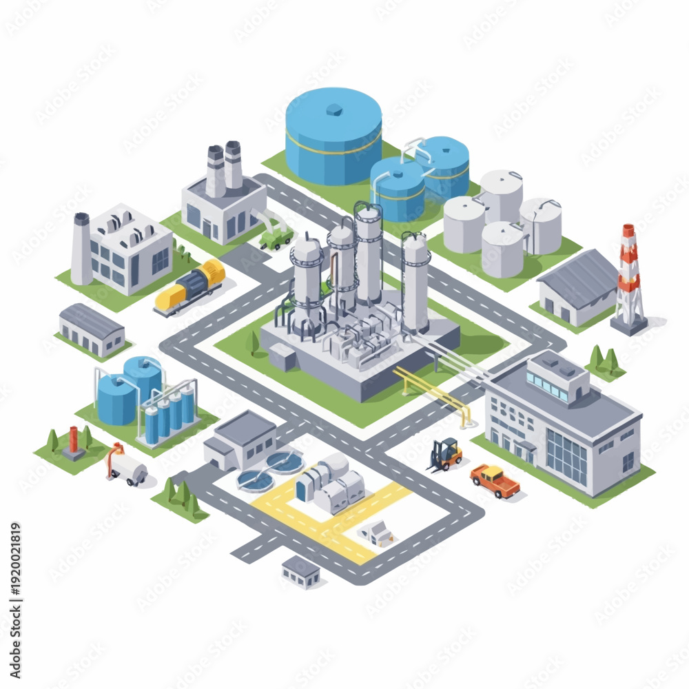 Fototapeta premium Isometric Industrial Complex with Factories, Plants, and Infrastructure.
