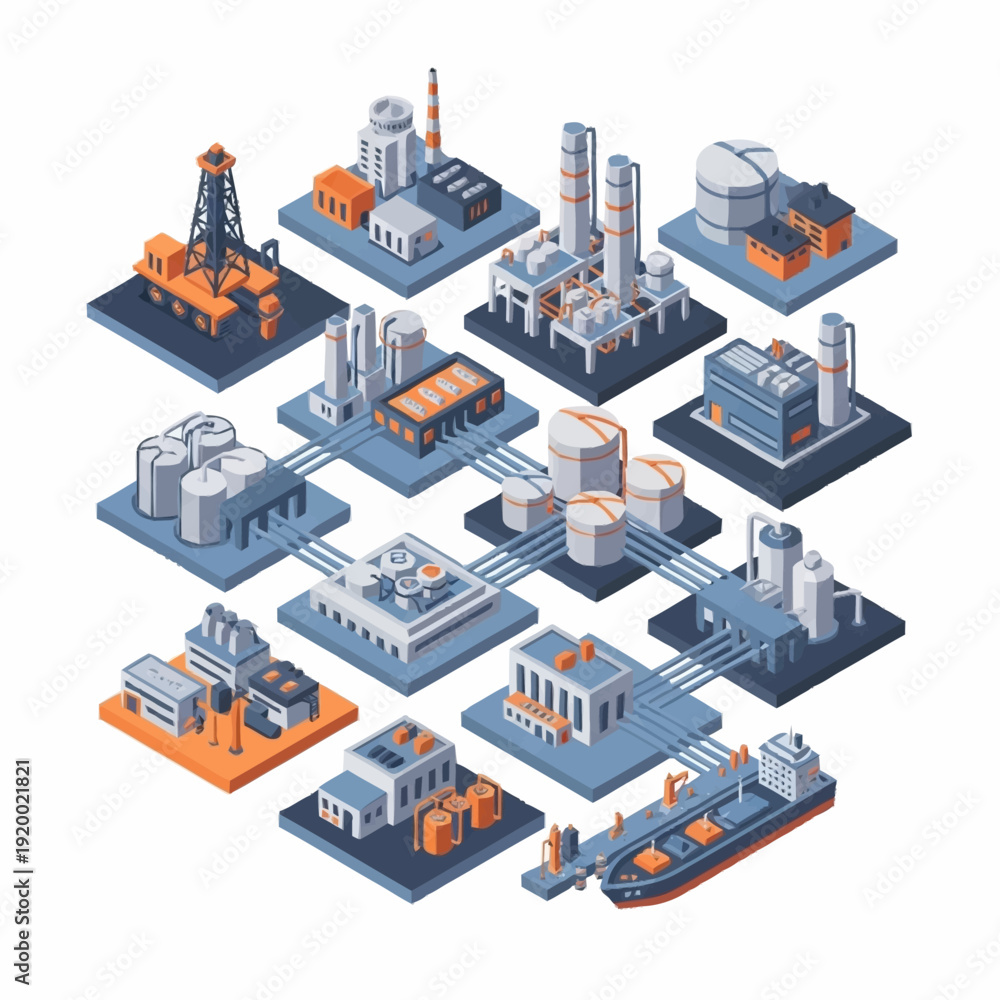 Fototapeta premium Isometric Industrial Complex with Oil Rigs and Factories.