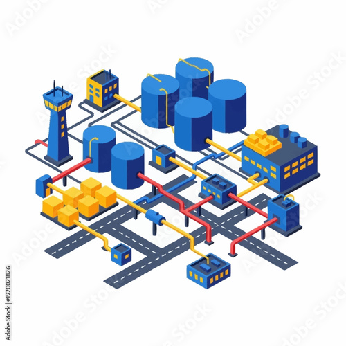 Isometric Industrial Complex with Storage Tanks and Infrastructure.