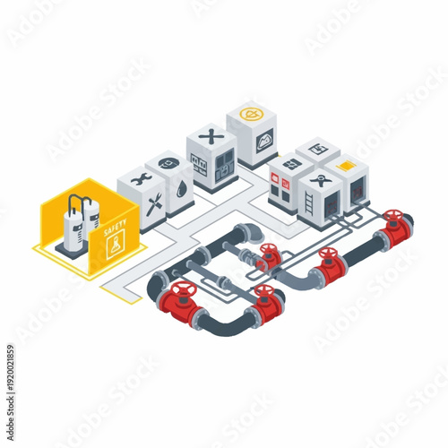 Isometric industrial factory with robotic arm and interconnected processing units.