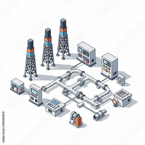 Isometric Industrial Oil and Gas Production Plant with Towers and Pipelines.