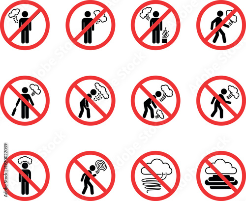 No farting prohibition icons set with flatulence ban symbols for public hygiene etiquette warning vector signs