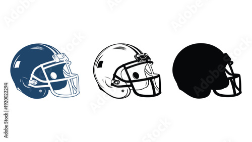 Three football helmets in different colors and designs on a white background