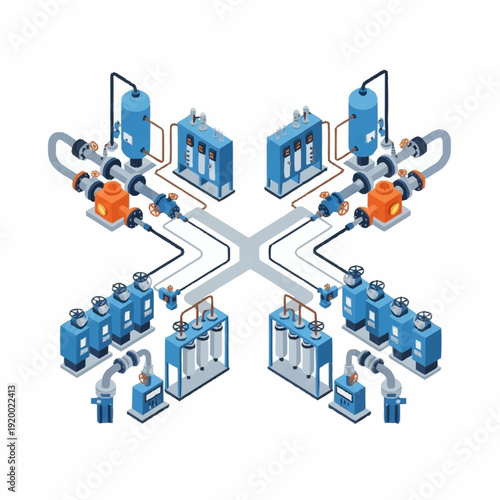 Isometric Industrial Water Treatment and Filtration System Diagram.