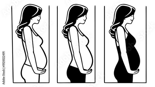 A vector graphic illustration of a pregnant woman in three stages of pregnancy, depicted in a minimalist black and white design