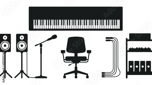 A collection of music production equipment in black silhouette on white background
