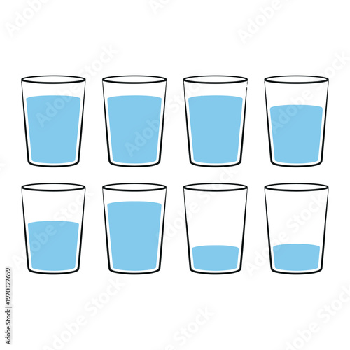 Eight clear glasses with varying levels of blue water arranged in two neat rows against a white background
