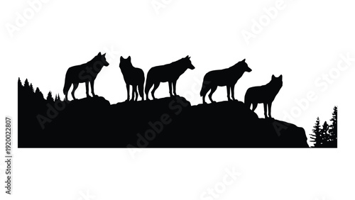 Silhouette of wolves standing on a rocky hillside with trees in the background isolated on white background, Vector