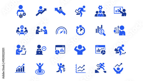 Comprehensive business operations and productivity icon set in solid blue style. Contains office tools, communication, project management, reporting, performance metrics, and teamwork symbols.